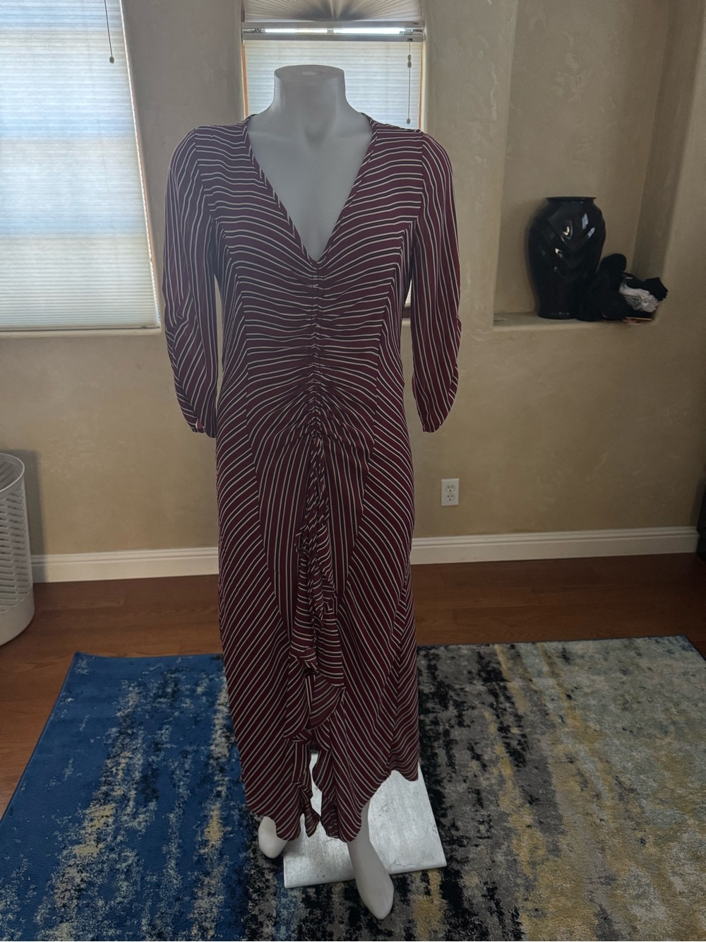 Spirit of Grace Burgundy Striped Ruched Midi High Low Dress Sz Medium